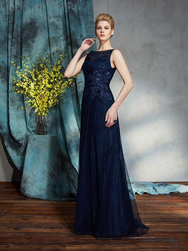 Sheath/Column Bateau Applique Sleeveless Long Net Mother of the Bride Dresses