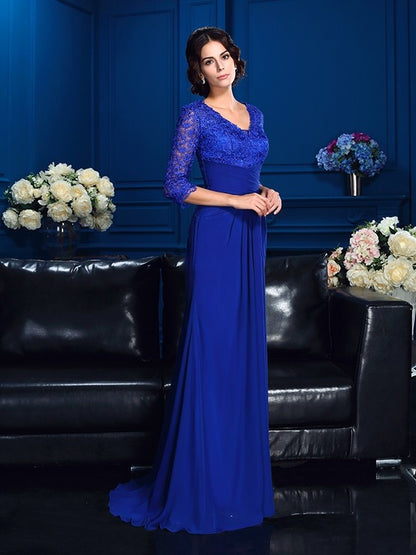 A-Line/Princess V-neck Applique 3/4 Sleeves Long Chiffon Mother of the Bride Dresses