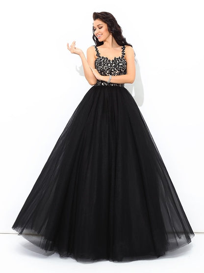 Ball Gown Straps Applique Sleeveless Long Net Quinceanera Dresses