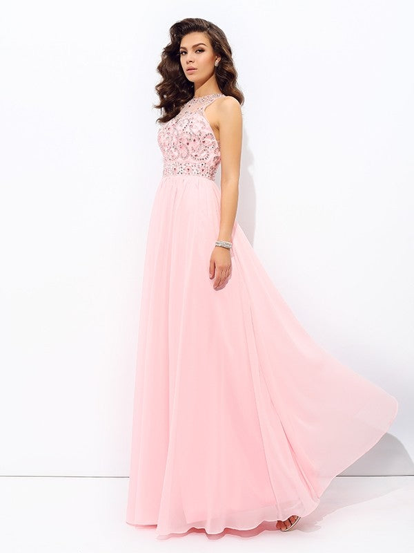 A-line/Princess Jewel Beading Sleeveless Long Chiffon Party Dresses Formal Dresses