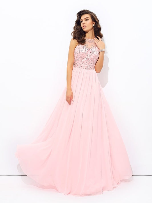A-line/Princess Jewel Beading Sleeveless Long Chiffon Party Dresses Formal Dresses