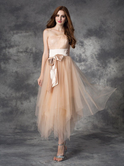 A-line/Princess Strapless Bowknot Sleeveless Long Elastic Woven Satin Dresses