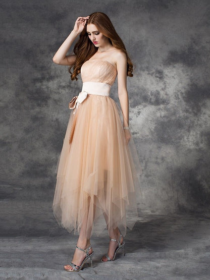 A-line/Princess Strapless Bowknot Sleeveless Long Elastic Woven Satin Dresses