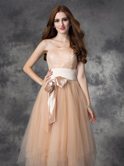 A-line/Princess Strapless Bowknot Sleeveless Long Elastic Woven Satin Dresses