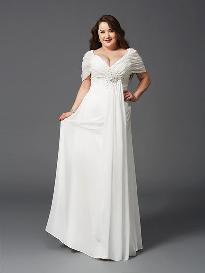 A-Line/Princess Off-the-Shoulder Ruched Short Sleeves Long Chiffon Plus Size Dresses