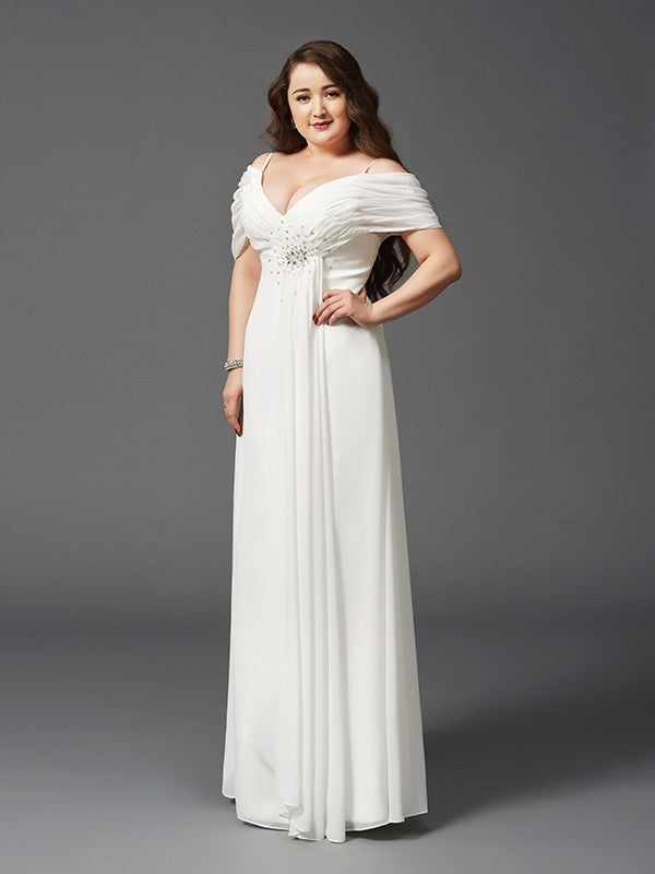 A-Line/Princess Off-the-Shoulder Ruched Short Sleeves Long Chiffon Plus Size Dresses