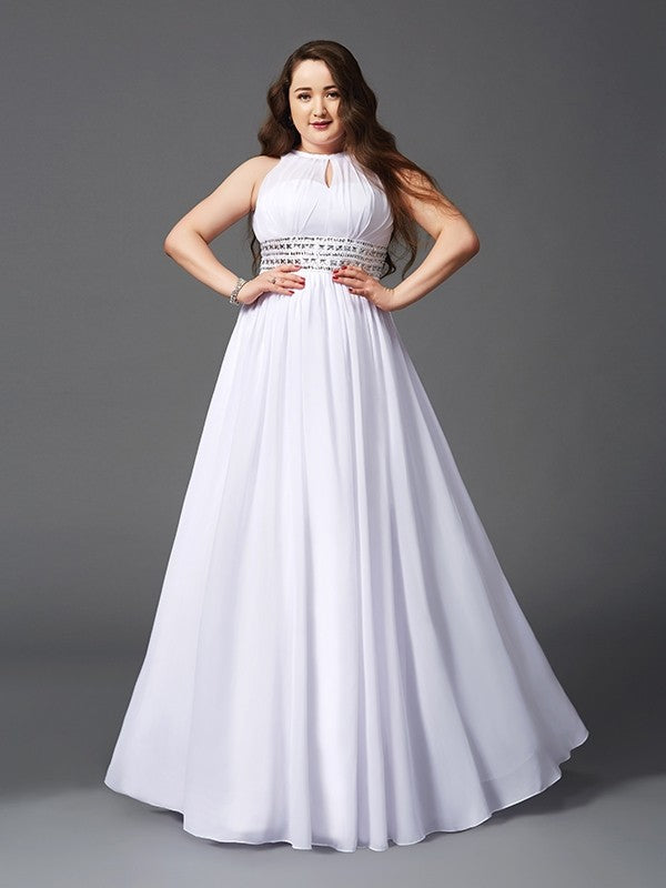 A-Line/Princess Jewel Beading Sleeveless Long Chiffon Plus Size Dresses