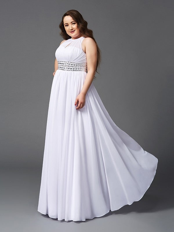 A-Line/Princess Jewel Beading Sleeveless Long Chiffon Plus Size Dresses