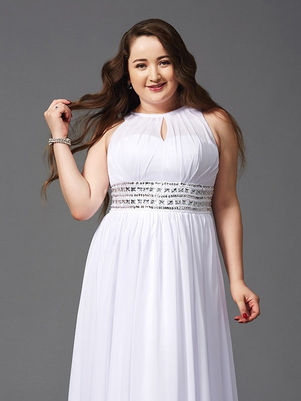 A-Line/Princess Jewel Beading Sleeveless Long Chiffon Plus Size Dresses
