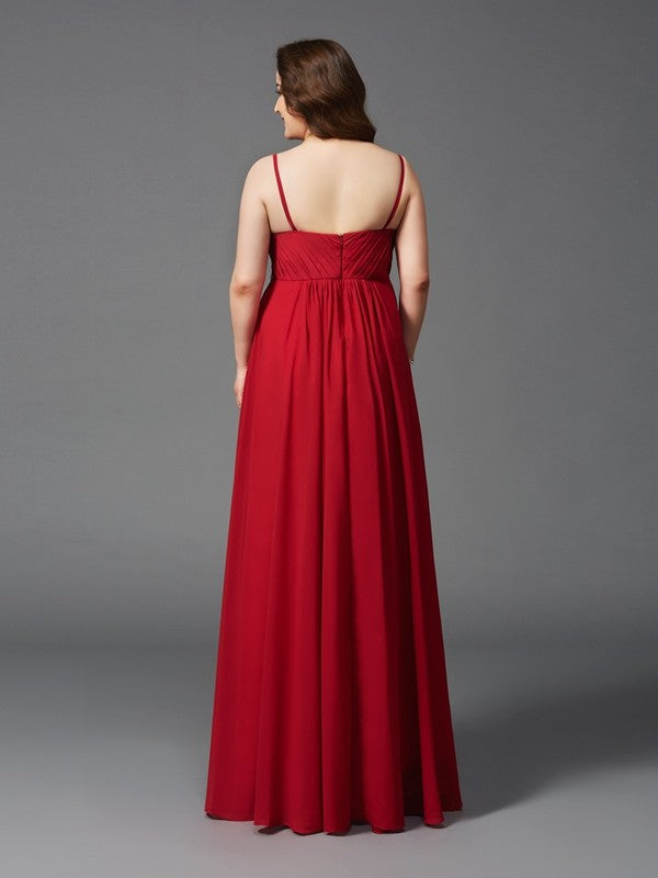 A-Line/Princess Spaghetti Straps Beading Sleeveless Long Chiffon Plus Size Dresses