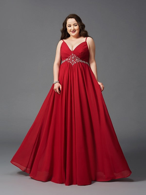 A-Line/Princess Spaghetti Straps Beading Sleeveless Long Chiffon Plus Size Dresses