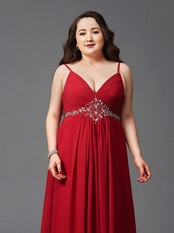 A-Line/Princess Spaghetti Straps Beading Sleeveless Long Chiffon Plus Size Dresses