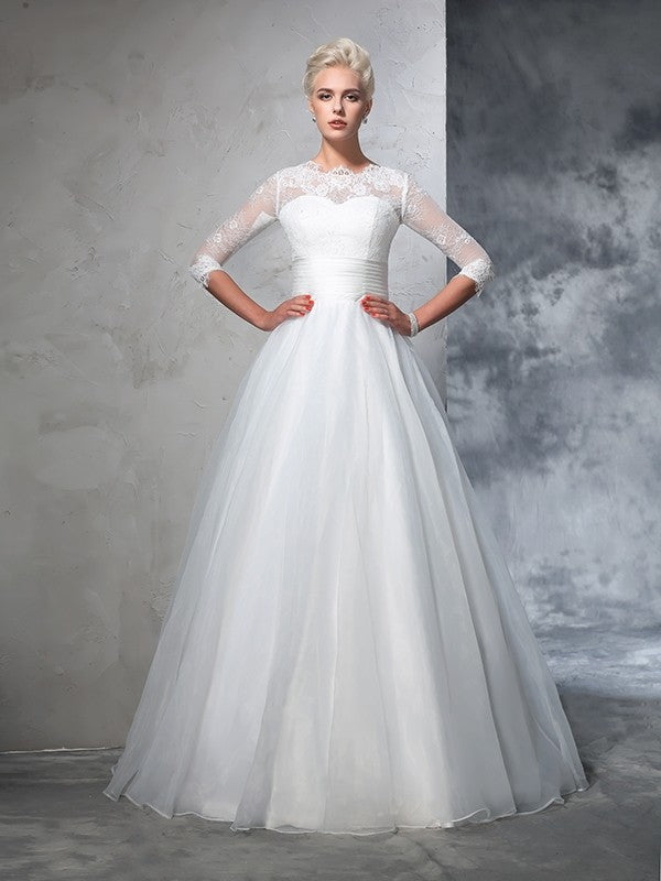 Ball Gown Jewel Applique 3/4 Sleeves Long Organza Wedding Dresses