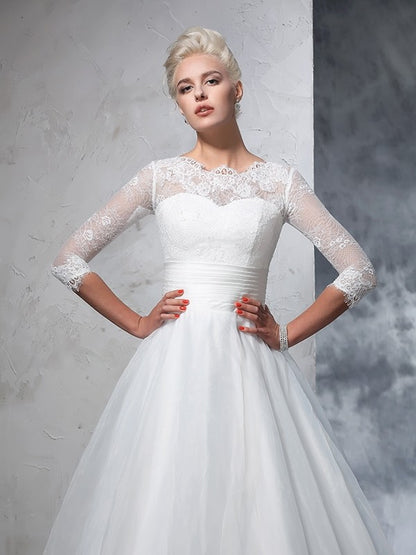 Ball Gown Jewel Applique 3/4 Sleeves Long Organza Wedding Dresses