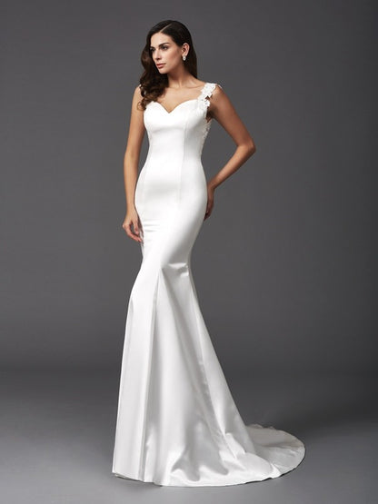 Trumpet/Mermaid Straps Beading Sleeveless Long Satin Wedding Dresses