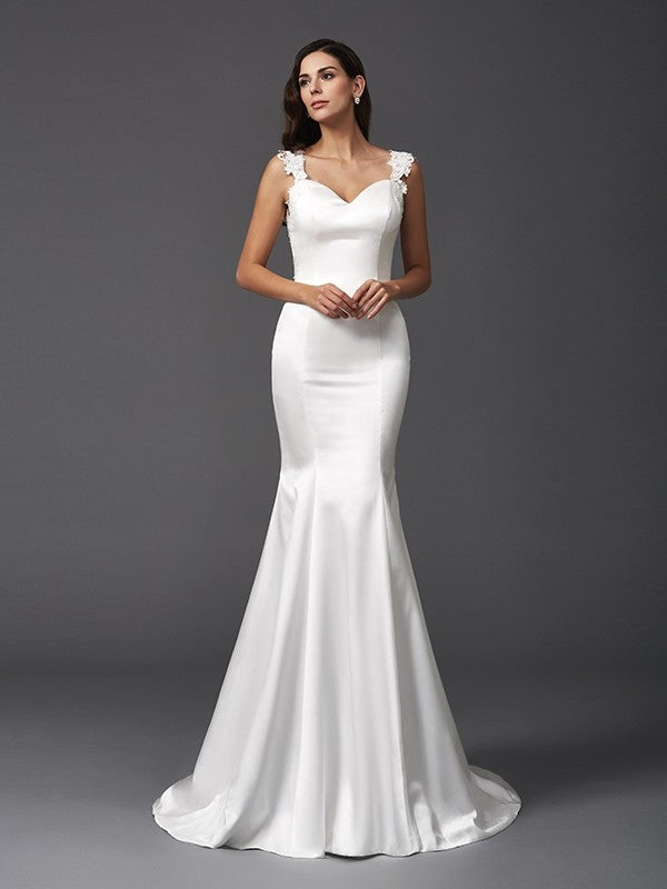 Trumpet/Mermaid Straps Beading Sleeveless Long Satin Wedding Dresses