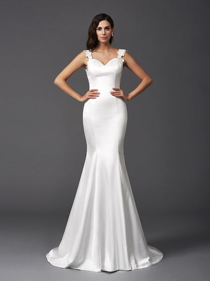 Trumpet/Mermaid Straps Beading Sleeveless Long Satin Wedding Dresses