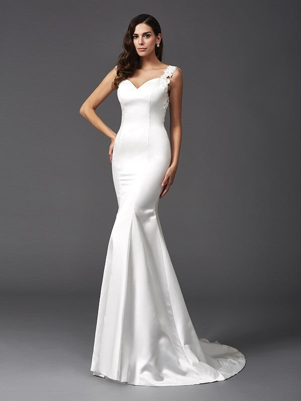 Trumpet/Mermaid Straps Beading Sleeveless Long Satin Wedding Dresses