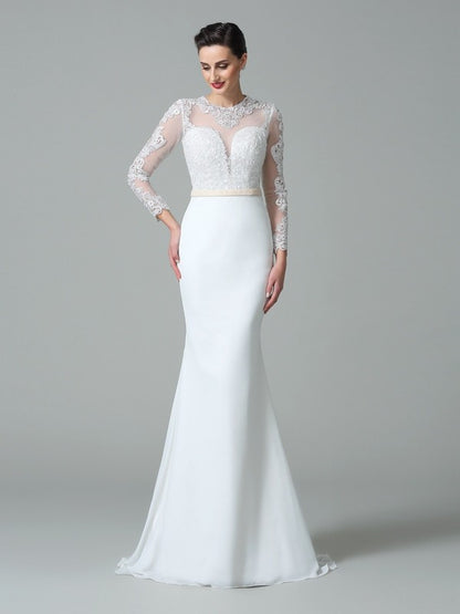 Trumpet/Mermaid Jewel Lace Long Sleeves Long Chiffon Wedding Dresses