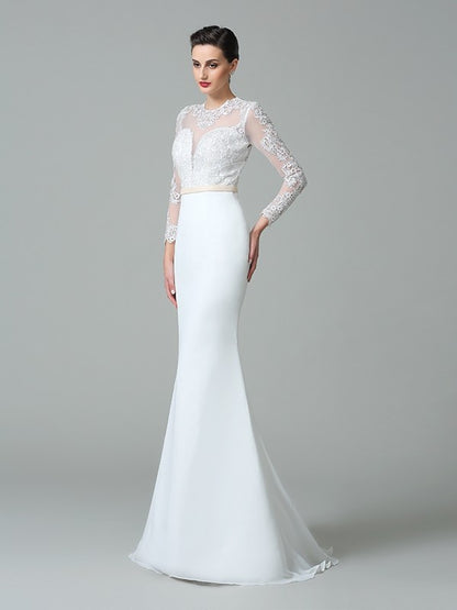 Trumpet/Mermaid Jewel Lace Long Sleeves Long Chiffon Wedding Dresses