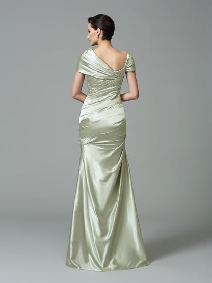 Sheath/Column Off-the-Shoulder Pleats Sleeveless Long Silk like Satin Dresses