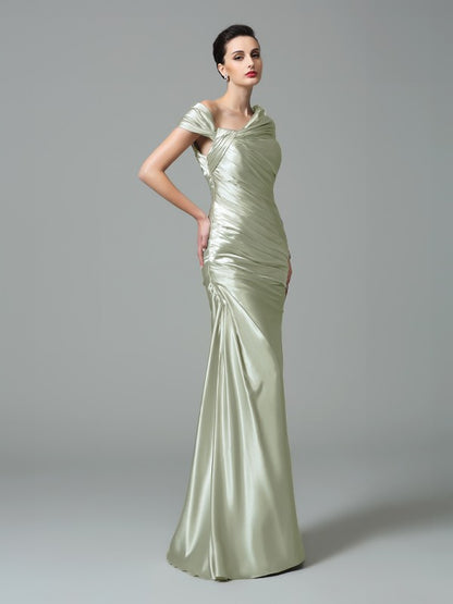 Sheath/Column Off-the-Shoulder Pleats Sleeveless Long Silk like Satin Dresses