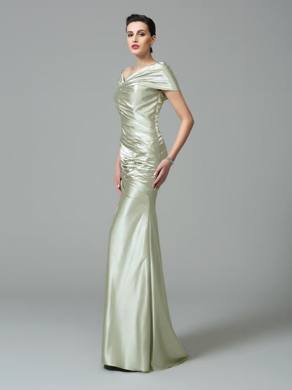 Sheath/Column Off-the-Shoulder Pleats Sleeveless Long Silk like Satin Dresses