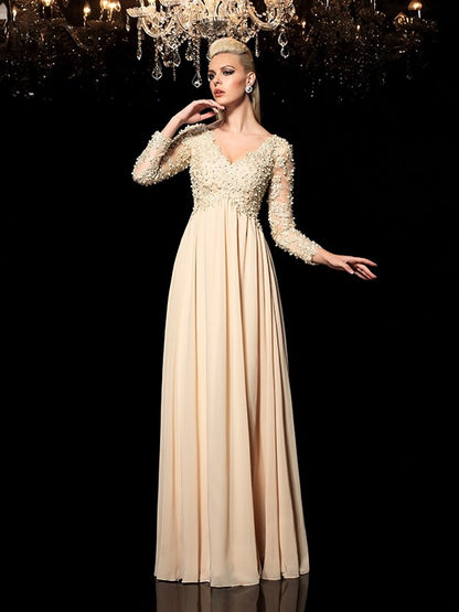 A-Line/Princess V-neck Applique Long Sleeves Long Chiffon Dresses