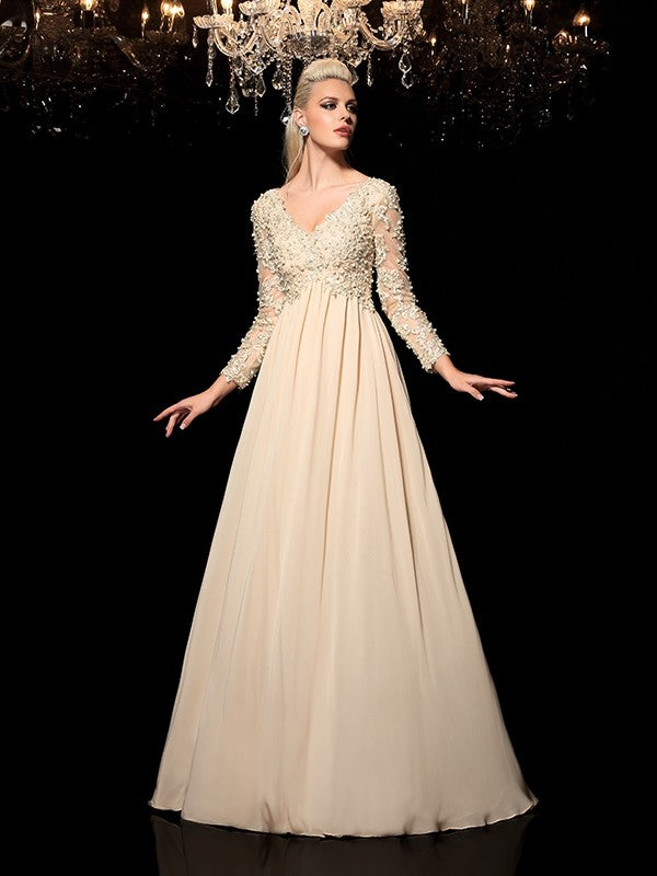 A-Line/Princess V-neck Applique Long Sleeves Long Chiffon Dresses