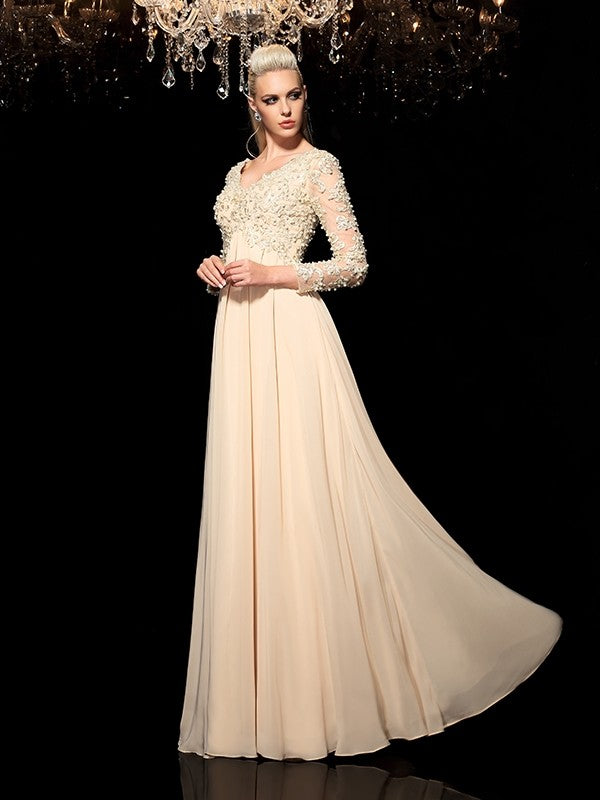 A-Line/Princess V-neck Applique Long Sleeves Long Chiffon Dresses