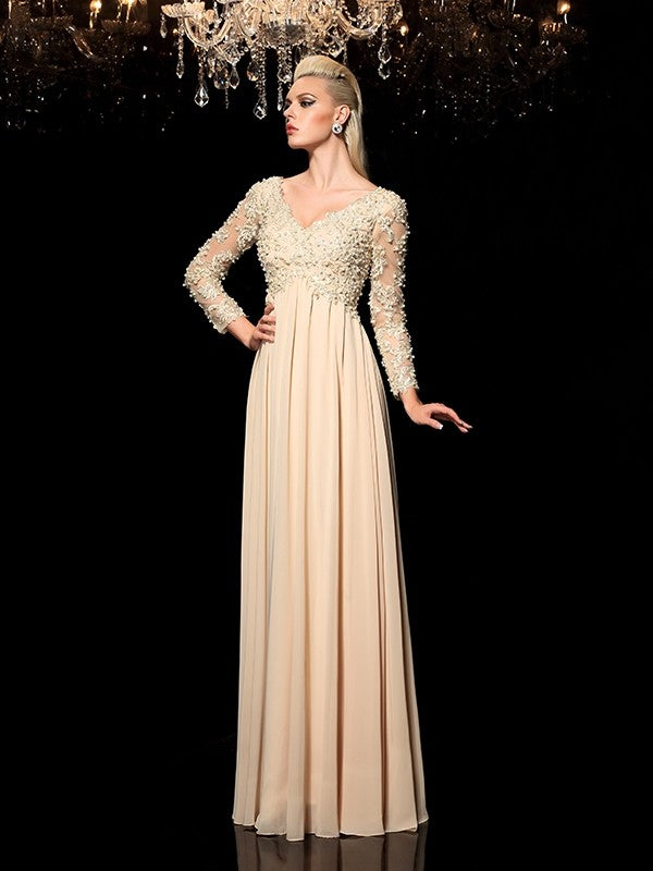 A-Line/Princess V-neck Applique Long Sleeves Long Chiffon Dresses