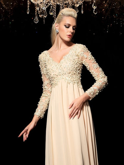 A-Line/Princess V-neck Applique Long Sleeves Long Chiffon Dresses