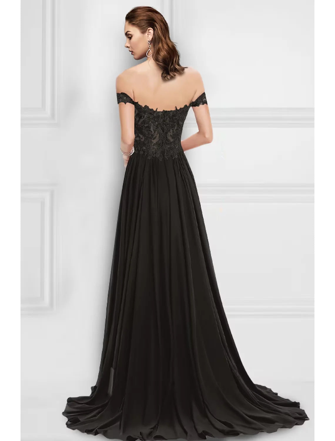 A-Line Evening Gown Floral Dress Formal Sweep / Brush Train Sleeveless Off Shoulder Chiffon with Slit Appliques