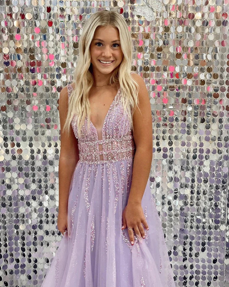 A Line Low V Neck Lavender Tulle Prom Dresses with Beading