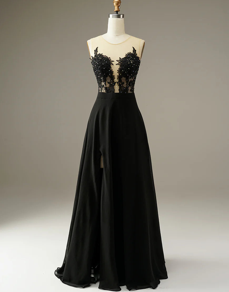 A-line Strapless Black Split Long Prom Dress with Appliques Beading