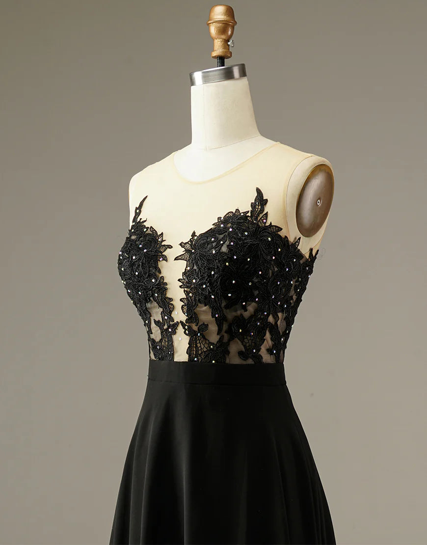 A-line Strapless Black Split Long Prom Dress with Appliques Beading