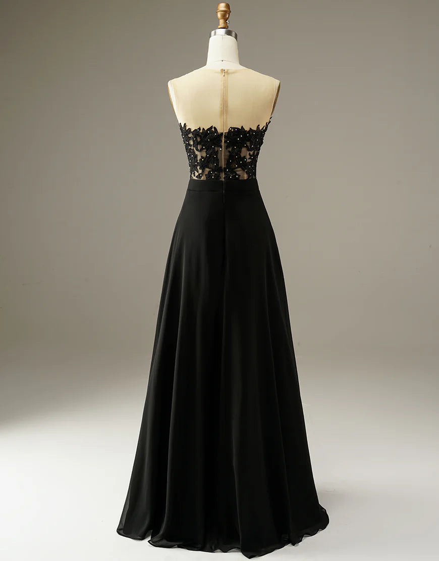 A-line Strapless Black Split Long Prom Dress with Appliques Beading