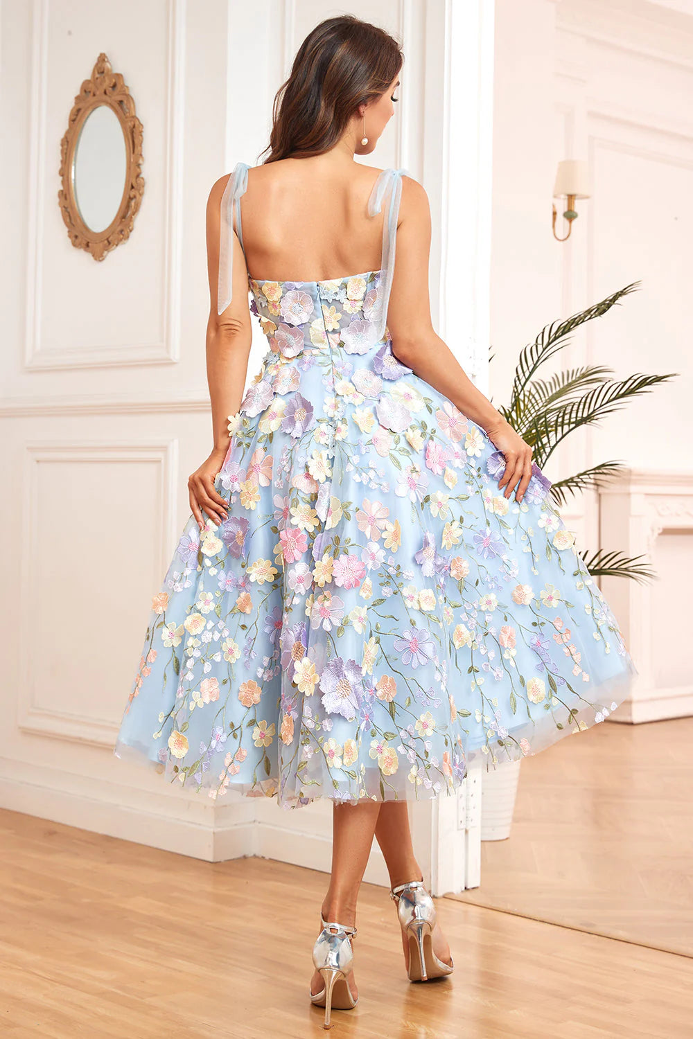 A Line Sweetheart Spaghetti Straps Blue/Purple Tea Length Prom Dress with 3D Flowers