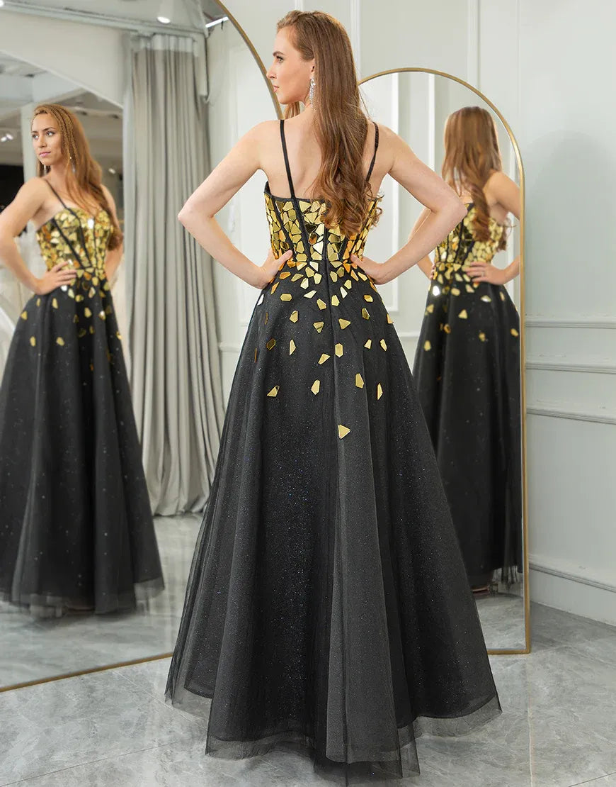 A Line Spaghetti Straps Long Prom Dress With Mirror Sequins