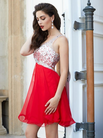 A-line/Princess One-Shoulder Beading Sleeveless Chiffon Short/Mini Dresses