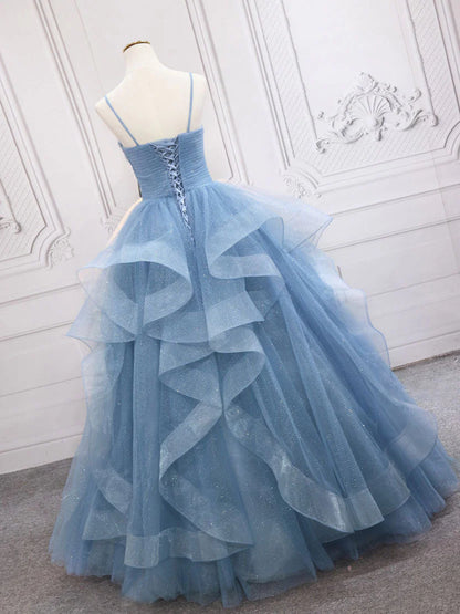 Quinceanera Dresses Princess Cute Prom Dress Tulle V Neck Sequin Long Prom Dress Blue Sweet 16 Dress