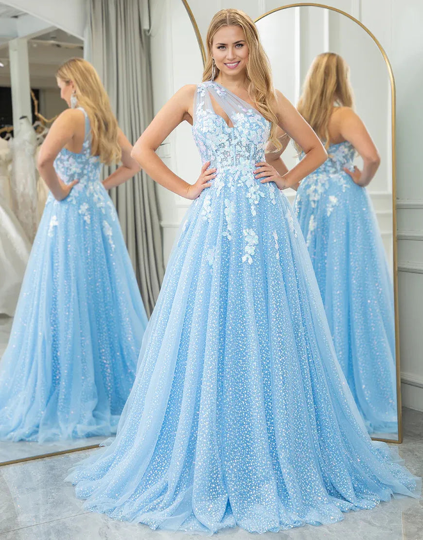 A Line One Shoulder Long Light Blue Prom Dress With Appliques