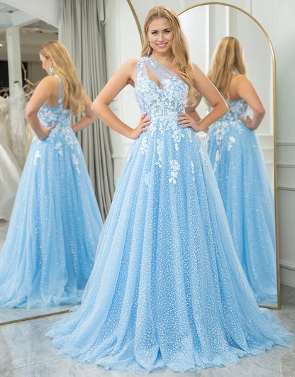 A Line One Shoulder Long Light Blue Prom Dress With Appliques