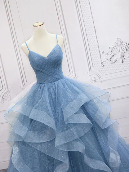 Quinceanera Dresses Princess Cute Prom Dress Tulle V Neck Sequin Long Prom Dress Blue Sweet 16 Dress