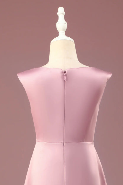 A-line Satin Pleated V-neck Long Junior Bridesmaid Dress
