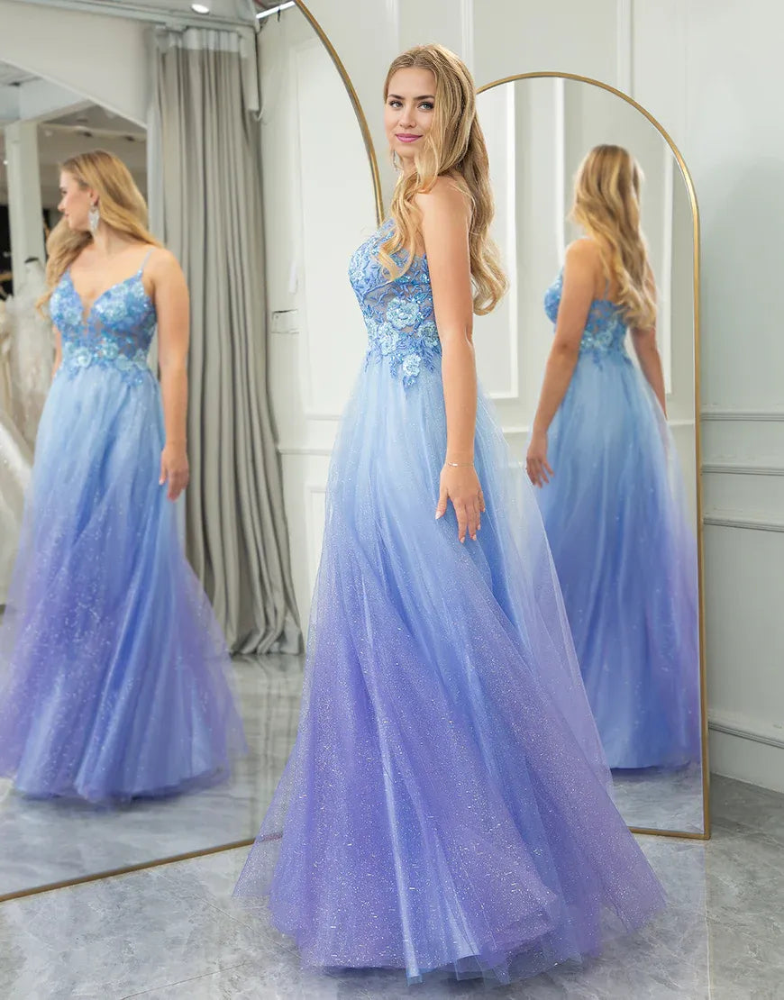 A Line Spaghetti Straps Tulle Long Sparkly Prom Dress With Appliques