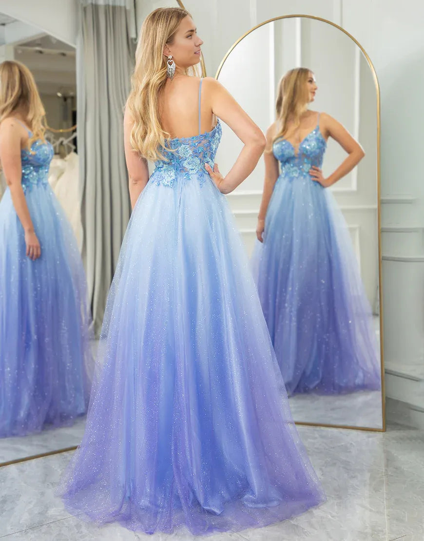 A Line Spaghetti Straps Tulle Long Sparkly Prom Dress With Appliques