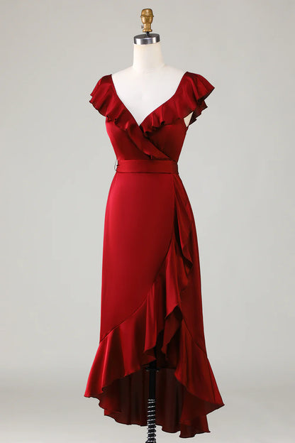 A Line V-Neck Burgundy Bridesmaid Dress with Ruffles