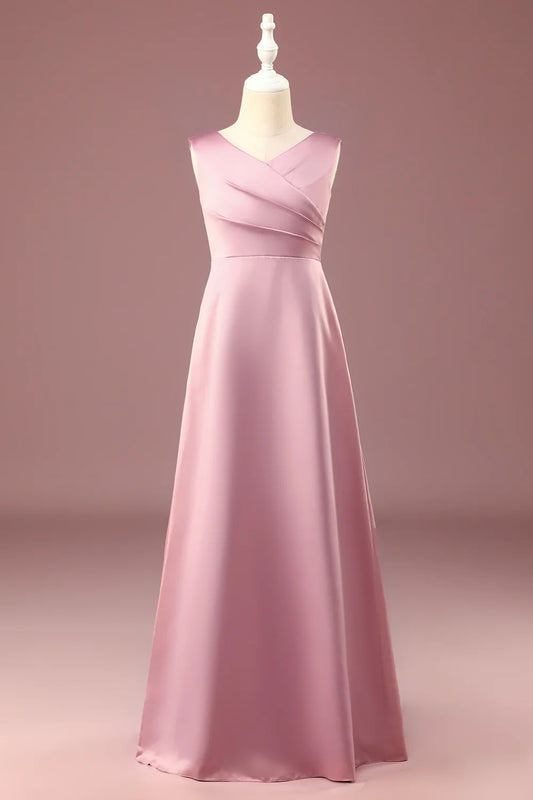 A-line Satin Pleated V-neck Long Junior Bridesmaid Dress