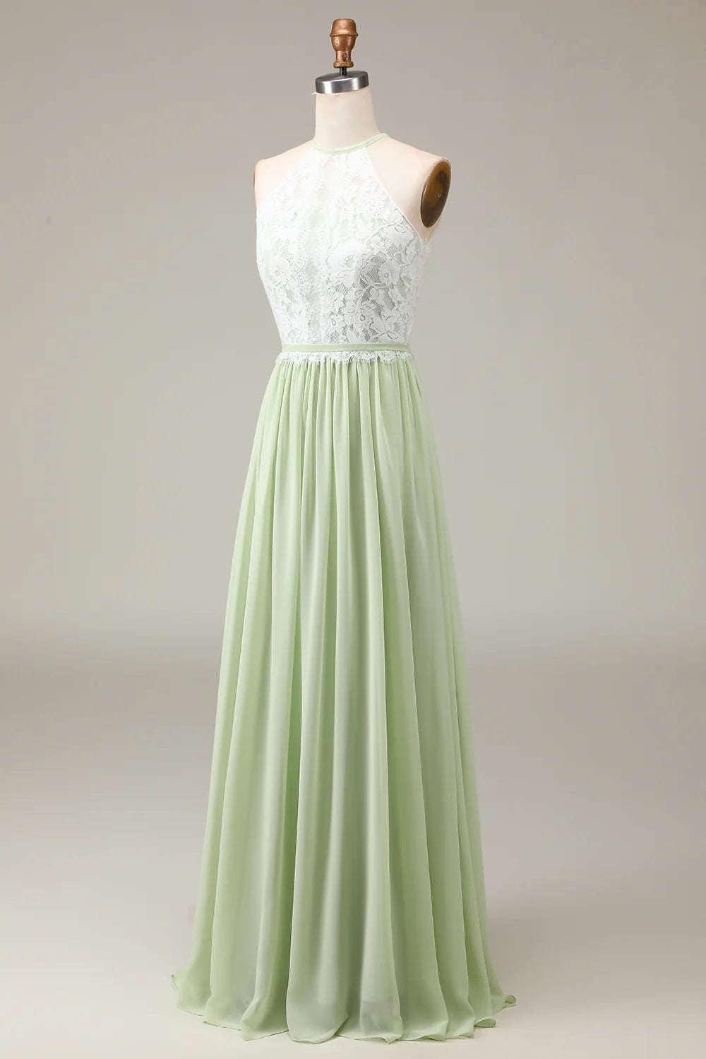 A Line Halter Neck Lace and Chiffon Long Bridesmaid Dress